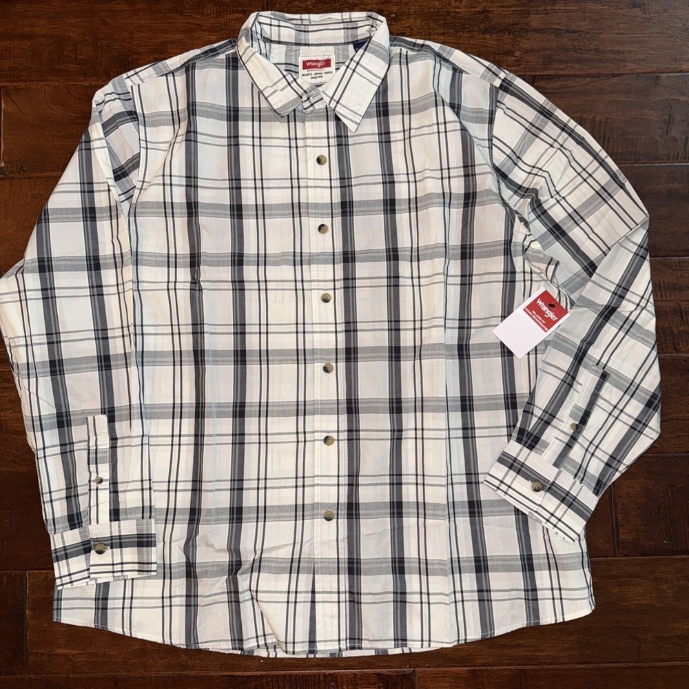 Wrangler Men's Cream Gray Plaid Western Shirt Long Sleeve Relaxed Fit Size XL